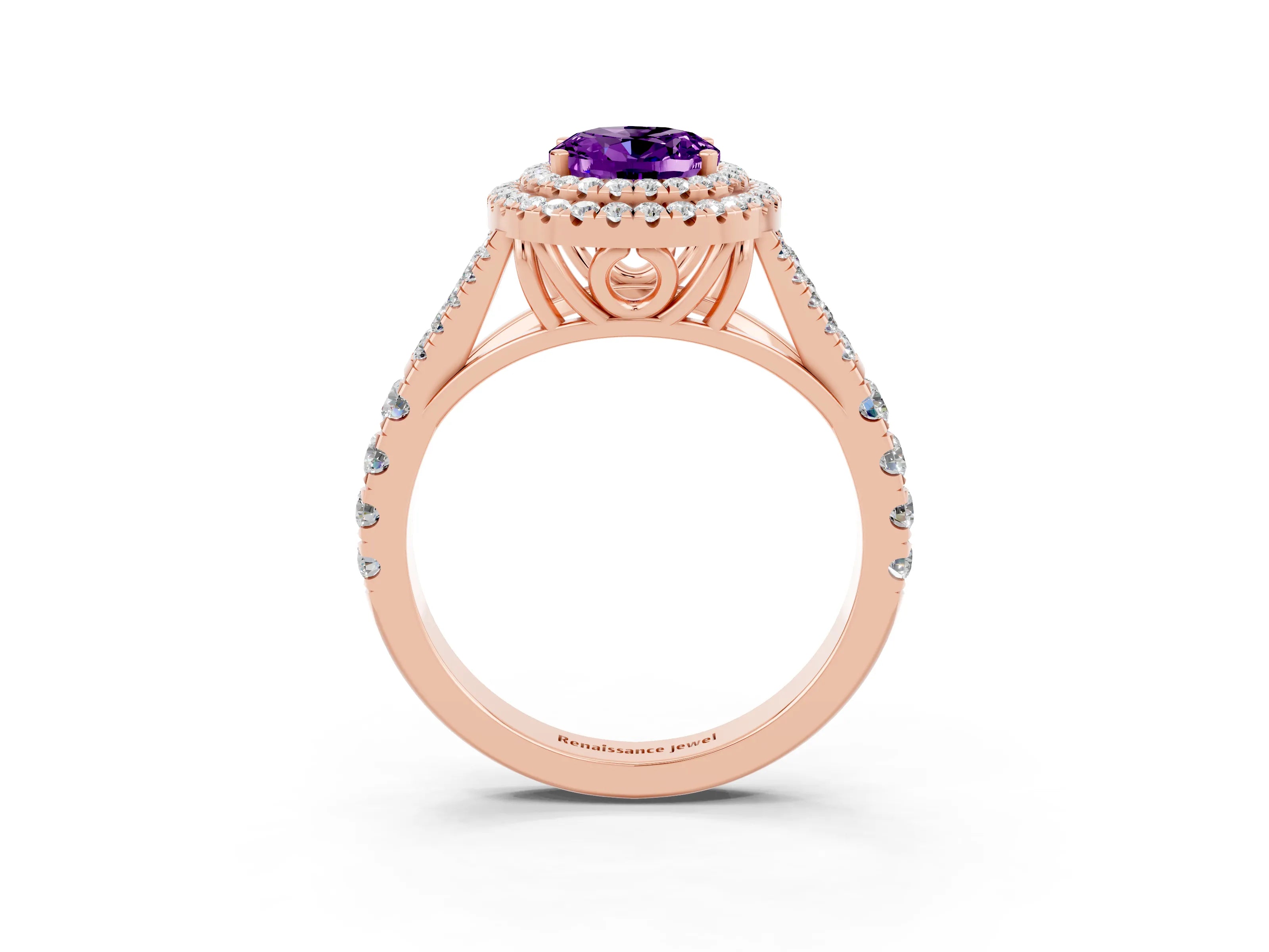 Rose gold Double Halo Oval Cut Amethyst Split Shank Engagement Ring with Four-Prong Setting_3