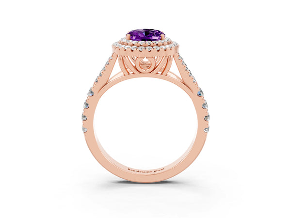 Rose gold Double Halo Oval Cut Amethyst Split Shank Engagement Ring with Four-Prong Setting