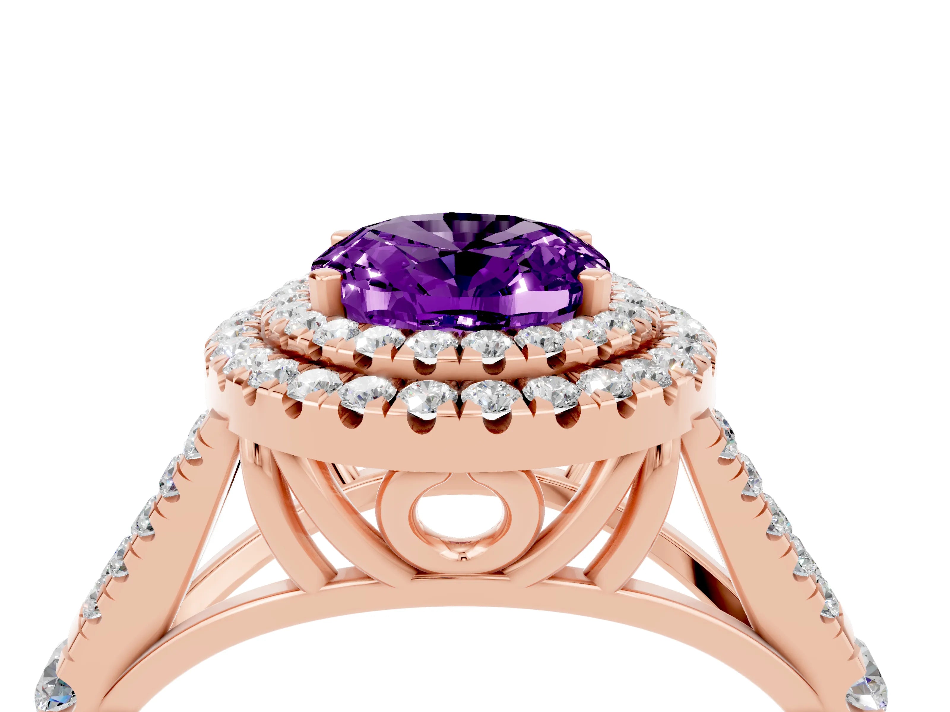 Rose gold Double Halo Oval Cut Amethyst Split Shank Engagement Ring with Four-Prong Setting_4
