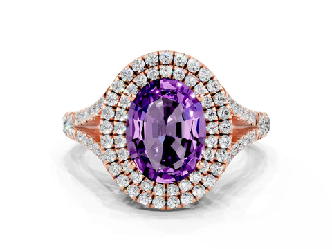 Rose gold Double Halo Oval Cut Amethyst Split Shank Engagement Ring with Four-Prong Setting