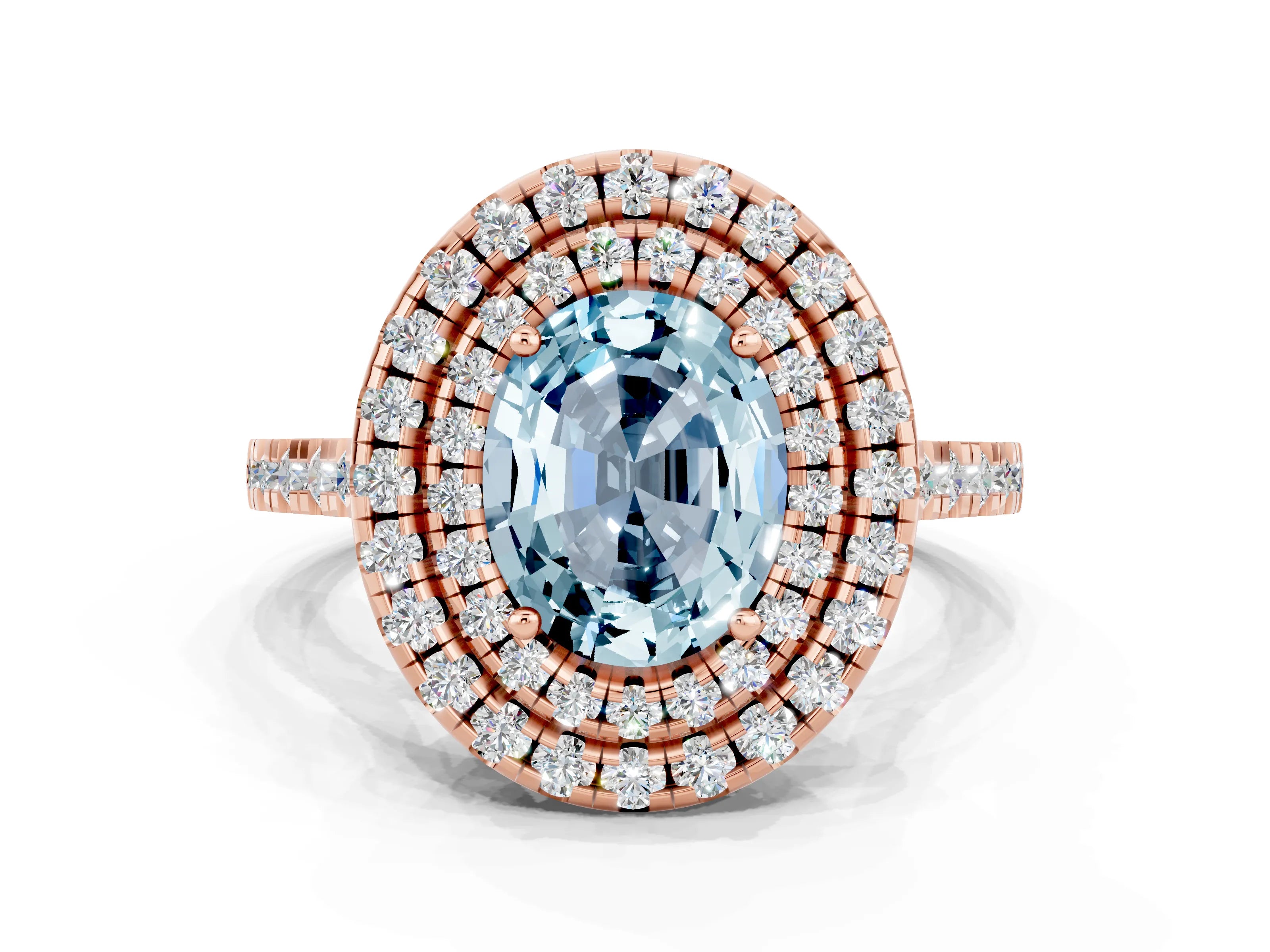 Rose gold Double Halo Oval Cut Aquamarine Pavé Band with Four-Prong Setting