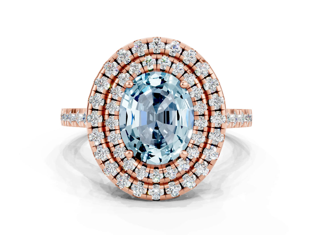 Rose gold Double Halo Oval Cut Aquamarine Pavé Band with Four-Prong Setting