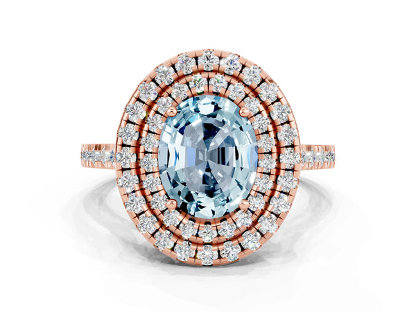 Rose gold Double Halo Oval Cut Aquamarine Pavé Band with Four-Prong Setting