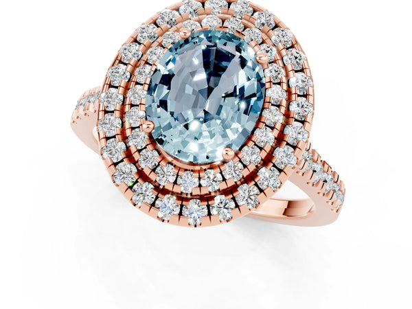 Rose gold Double Halo Oval Cut Aquamarine Pavé Band with Four-Prong Setting