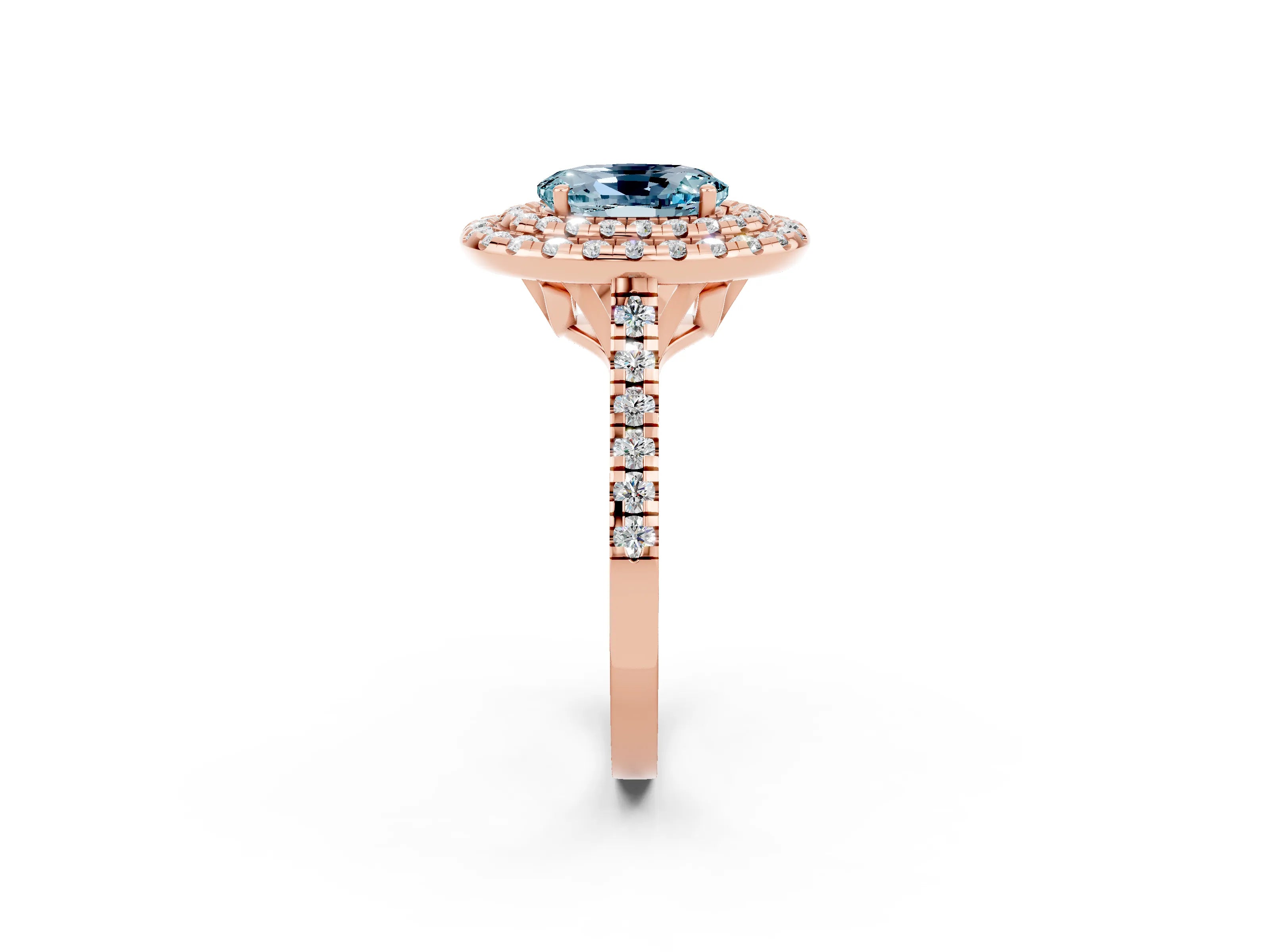 Rose gold Double Halo Oval Cut Aquamarine Pavé Band with Four-Prong Setting_2