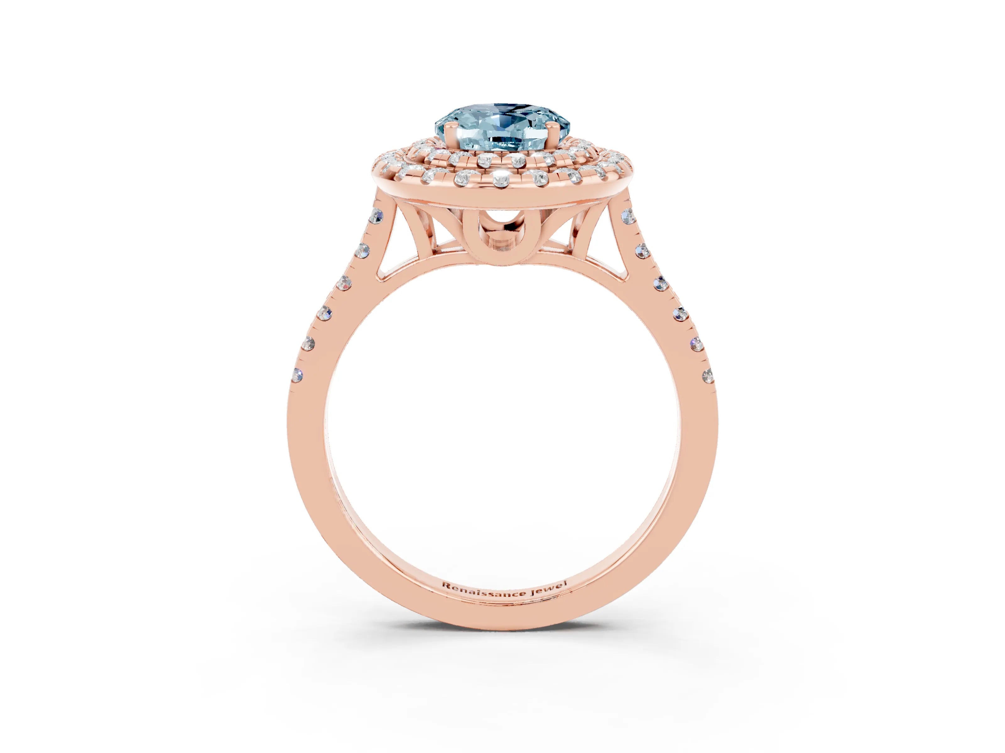 Rose gold Double Halo Oval Cut Aquamarine Pavé Band with Four-Prong Setting_3
