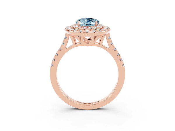 Rose gold Double Halo Oval Cut Aquamarine Pavé Band with Four-Prong Setting