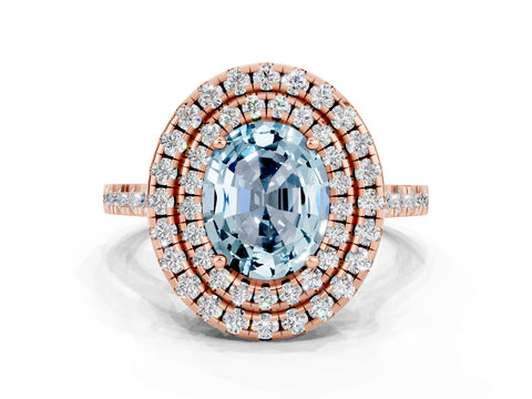 Rose gold Double Halo Oval Cut Aquamarine Pavé Band with Four-Prong Setting