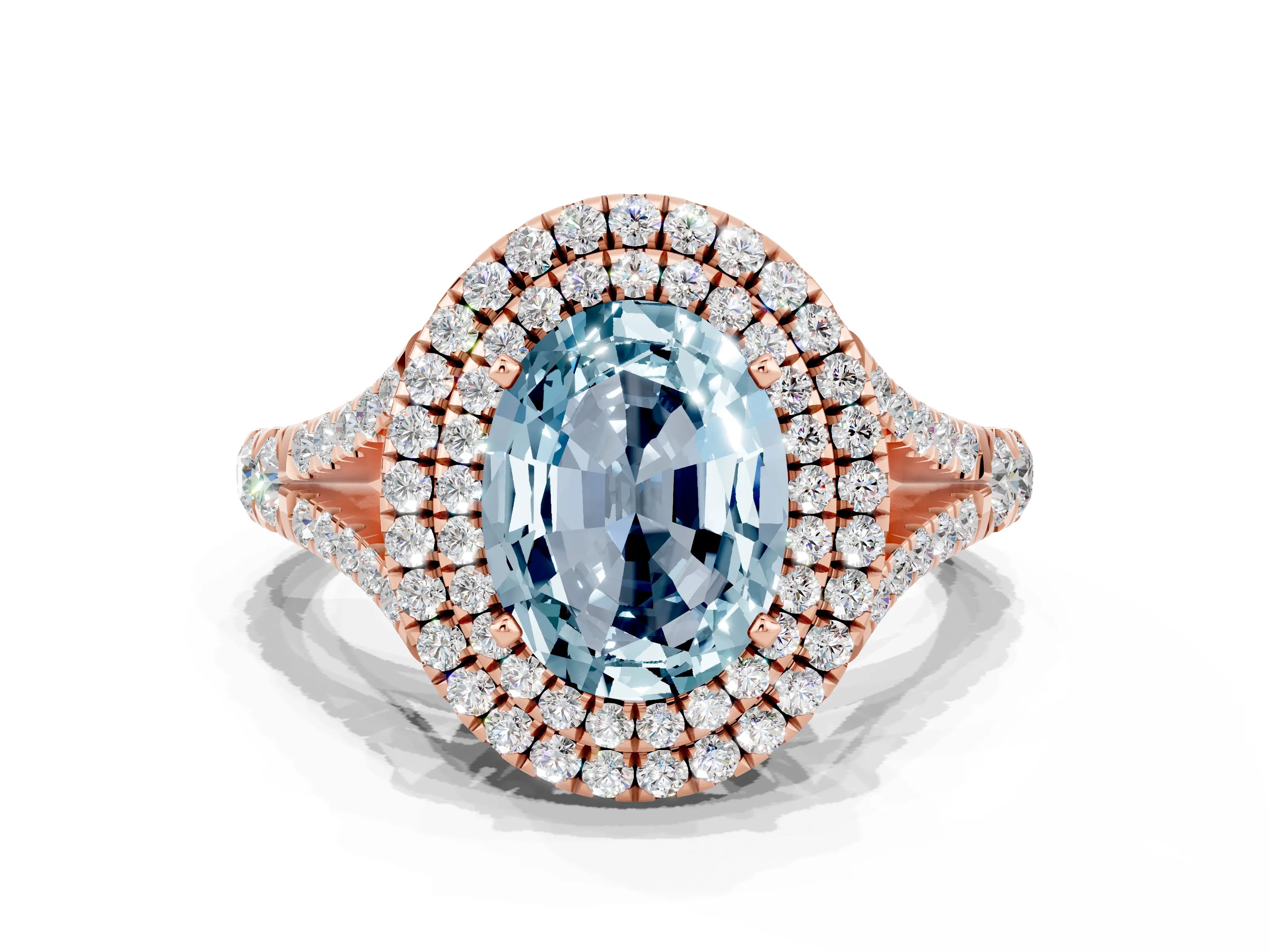 Rose gold Double Halo Oval Cut Aquamarine Pavé Split Shank Ring with Prong Setting