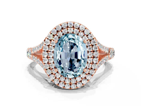 Rose gold Double Halo Oval Cut Aquamarine Pavé Split Shank Ring with Prong Setting