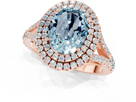 Rose gold Double Halo Oval Cut Aquamarine Pavé Split Shank Ring with Prong Setting_1