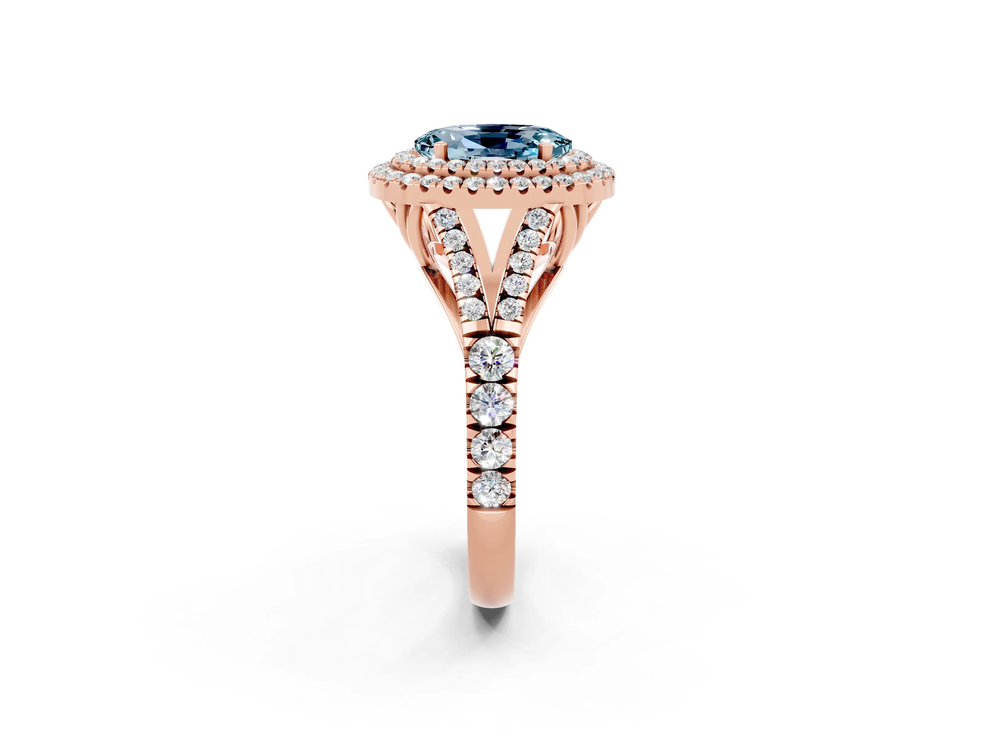 Rose gold Double Halo Oval Cut Aquamarine Pavé Split Shank Ring with Prong Setting_2