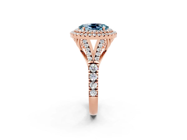 Rose gold Double Halo Oval Cut Aquamarine Pavé Split Shank Ring with Prong Setting