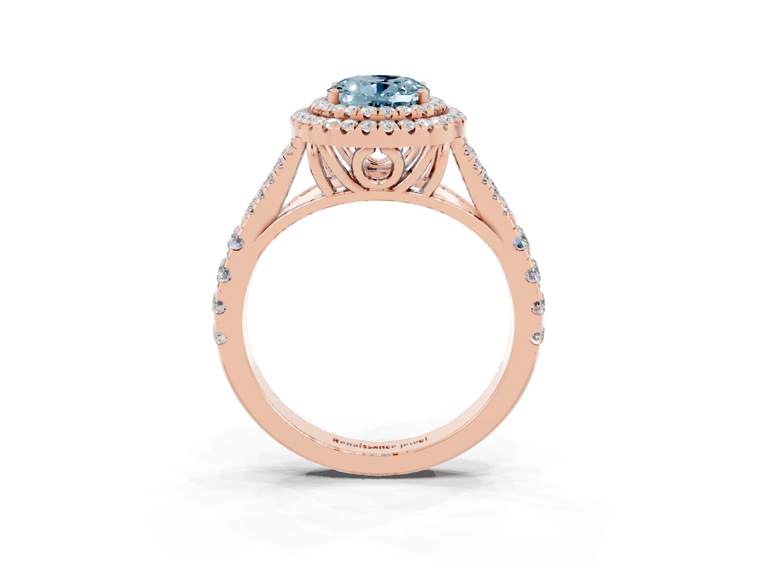 Rose gold Double Halo Oval Cut Aquamarine Pavé Split Shank Ring with Prong Setting_3