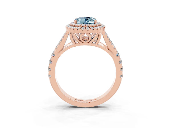 Rose gold Double Halo Oval Cut Aquamarine Pavé Split Shank Ring with Prong Setting
