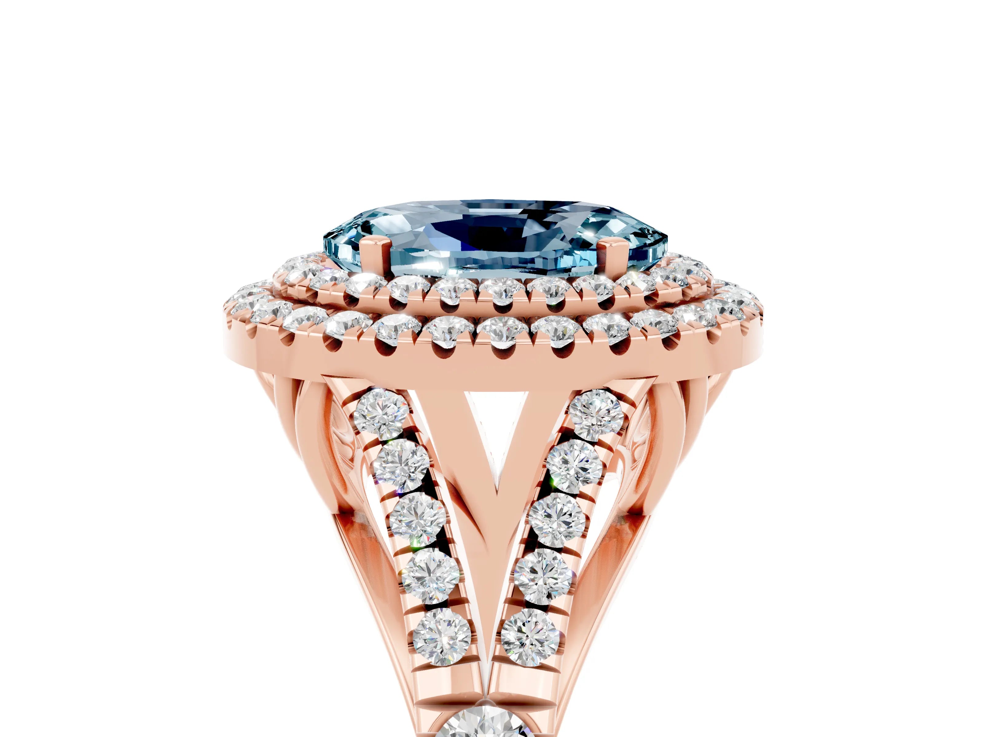 Rose gold Double Halo Oval Cut Aquamarine Pavé Split Shank Ring with Prong Setting_5