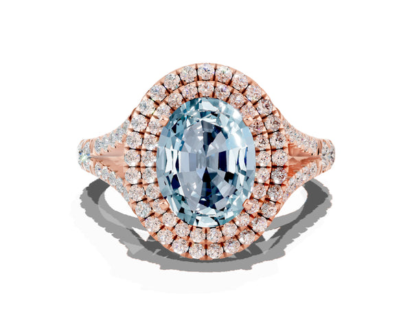 Rose gold Double Halo Oval Cut Aquamarine Split Shank Engagement Ring with Four-Prong Setting