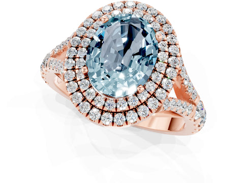 Rose gold Double Halo Oval Cut Aquamarine Split Shank Engagement Ring with Four-Prong Setting_1