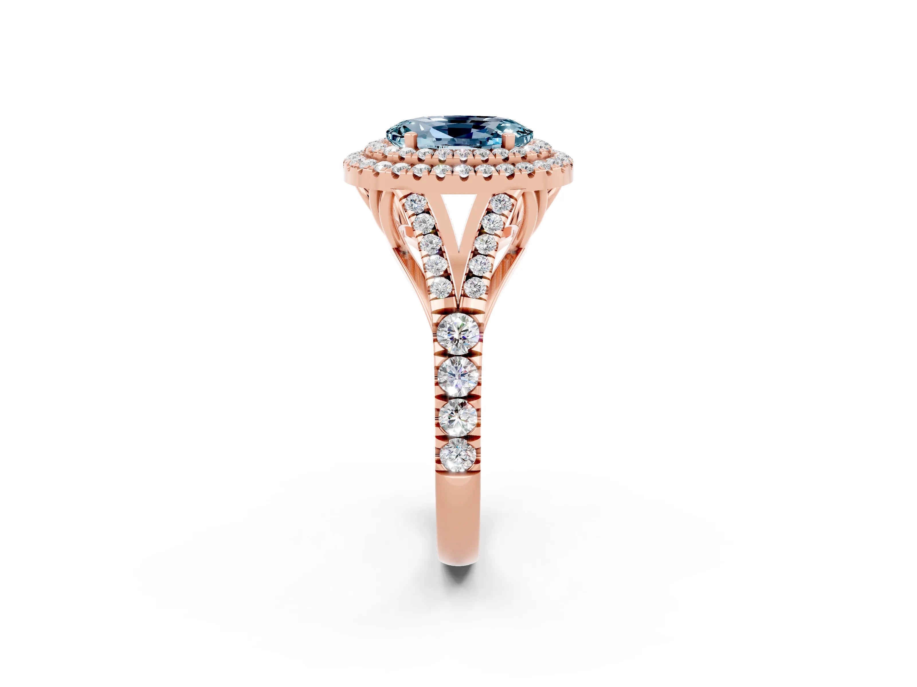 Rose gold Double Halo Oval Cut Aquamarine Split Shank Engagement Ring with Four-Prong Setting_2