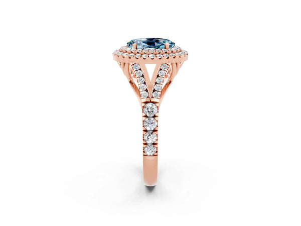 Rose gold Double Halo Oval Cut Aquamarine Split Shank Engagement Ring with Four-Prong Setting