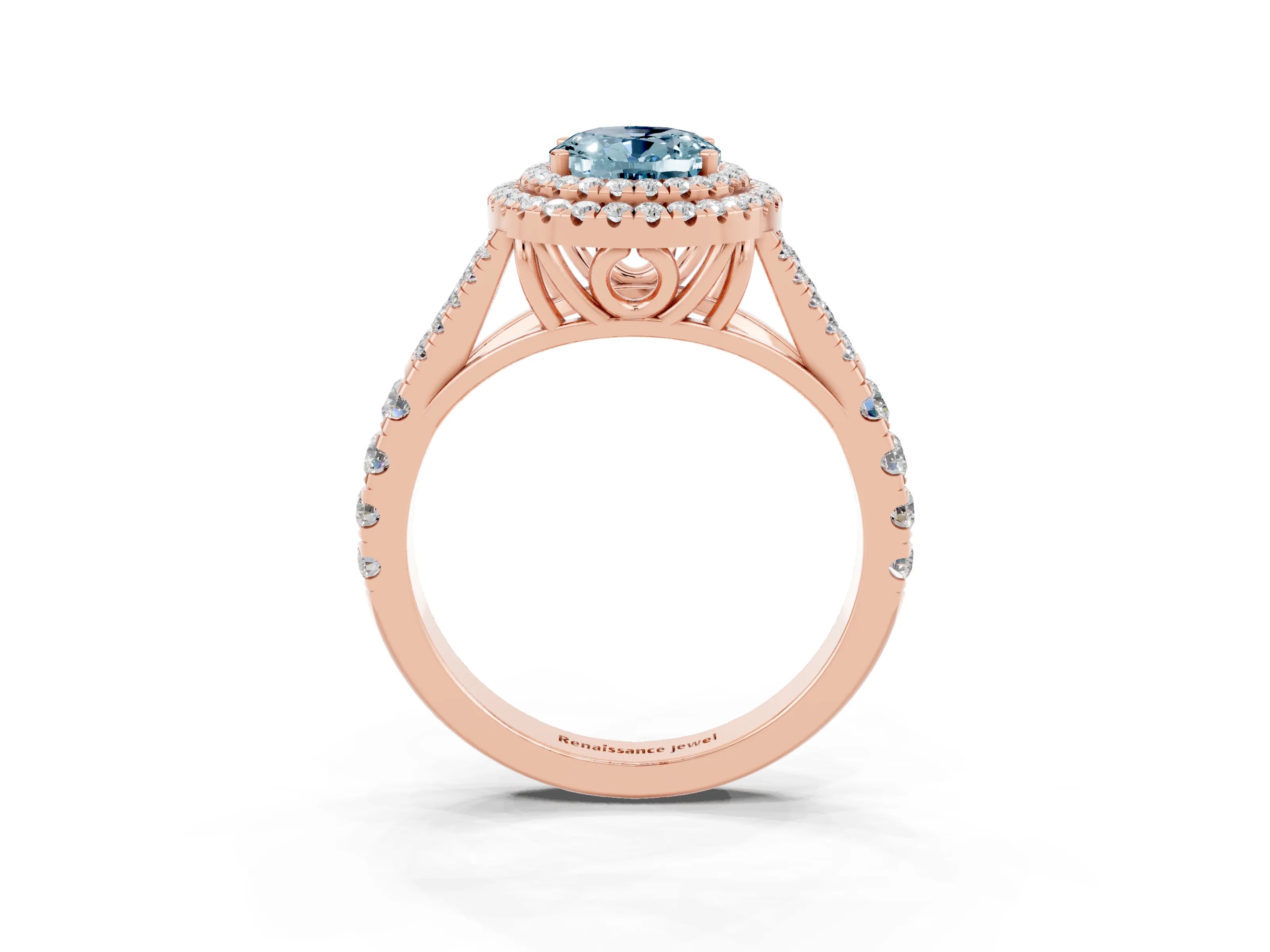 Rose gold Double Halo Oval Cut Aquamarine Split Shank Engagement Ring with Four-Prong Setting_3