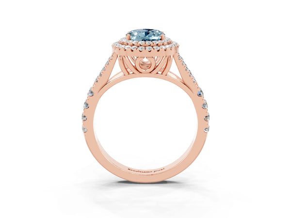 Rose gold Double Halo Oval Cut Aquamarine Split Shank Engagement Ring with Four-Prong Setting