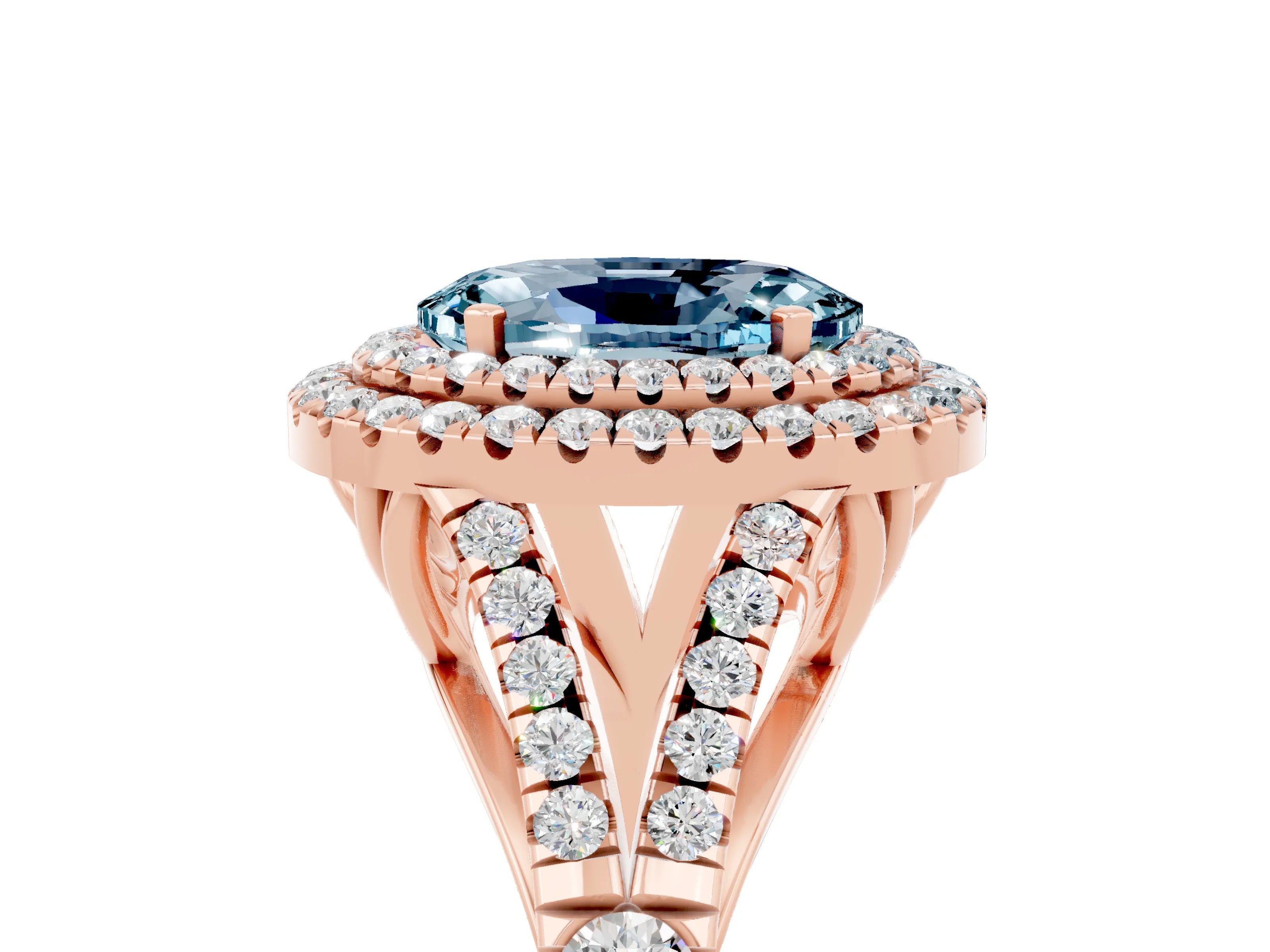 Rose gold Double Halo Oval Cut Aquamarine Split Shank Engagement Ring with Four-Prong Setting_5
