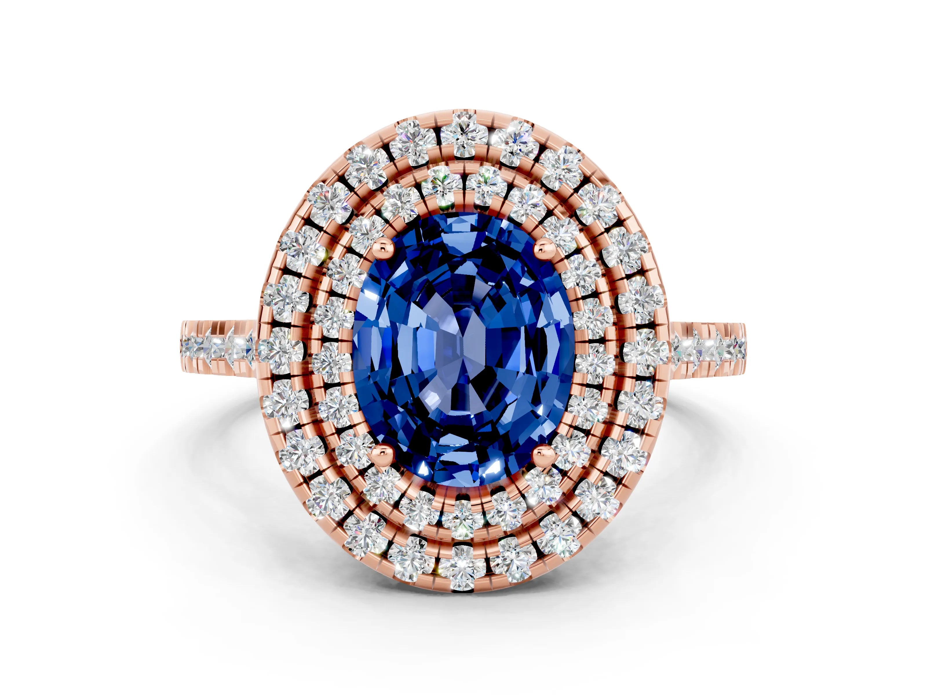 Rose gold Double Halo Oval Cut Blue Sapphire Pavé Band with Four-Prong Setting