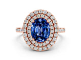 Rose gold Double Halo Oval Cut Blue Sapphire Pavé Band with Four-Prong Setting