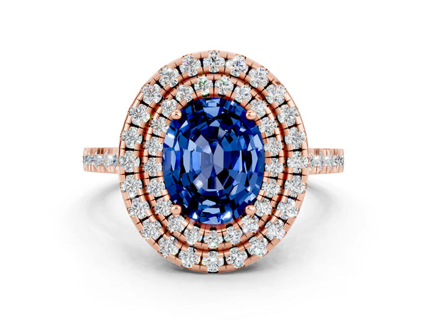Rose gold Double Halo Oval Cut Blue Sapphire Pavé Band with Four-Prong Setting