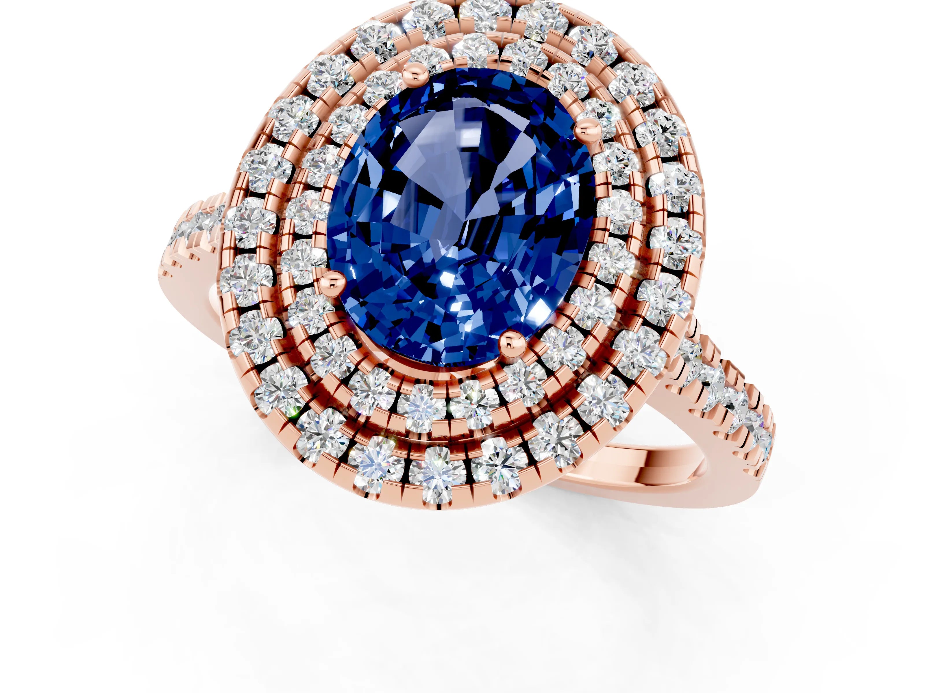 Rose gold Double Halo Oval Cut Blue Sapphire Pavé Band with Four-Prong Setting_1