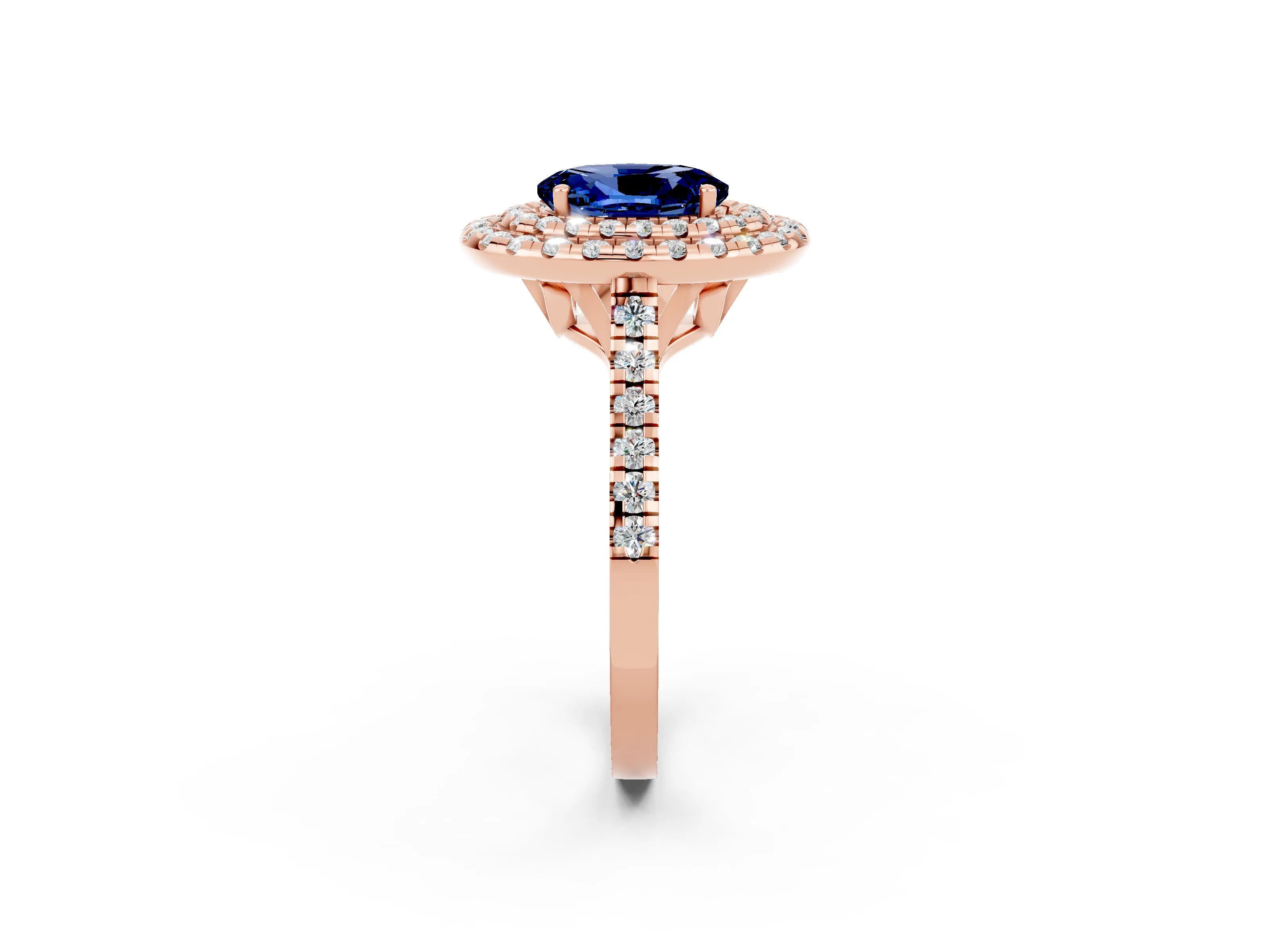 Rose gold Double Halo Oval Cut Blue Sapphire Pavé Band with Four-Prong Setting_2
