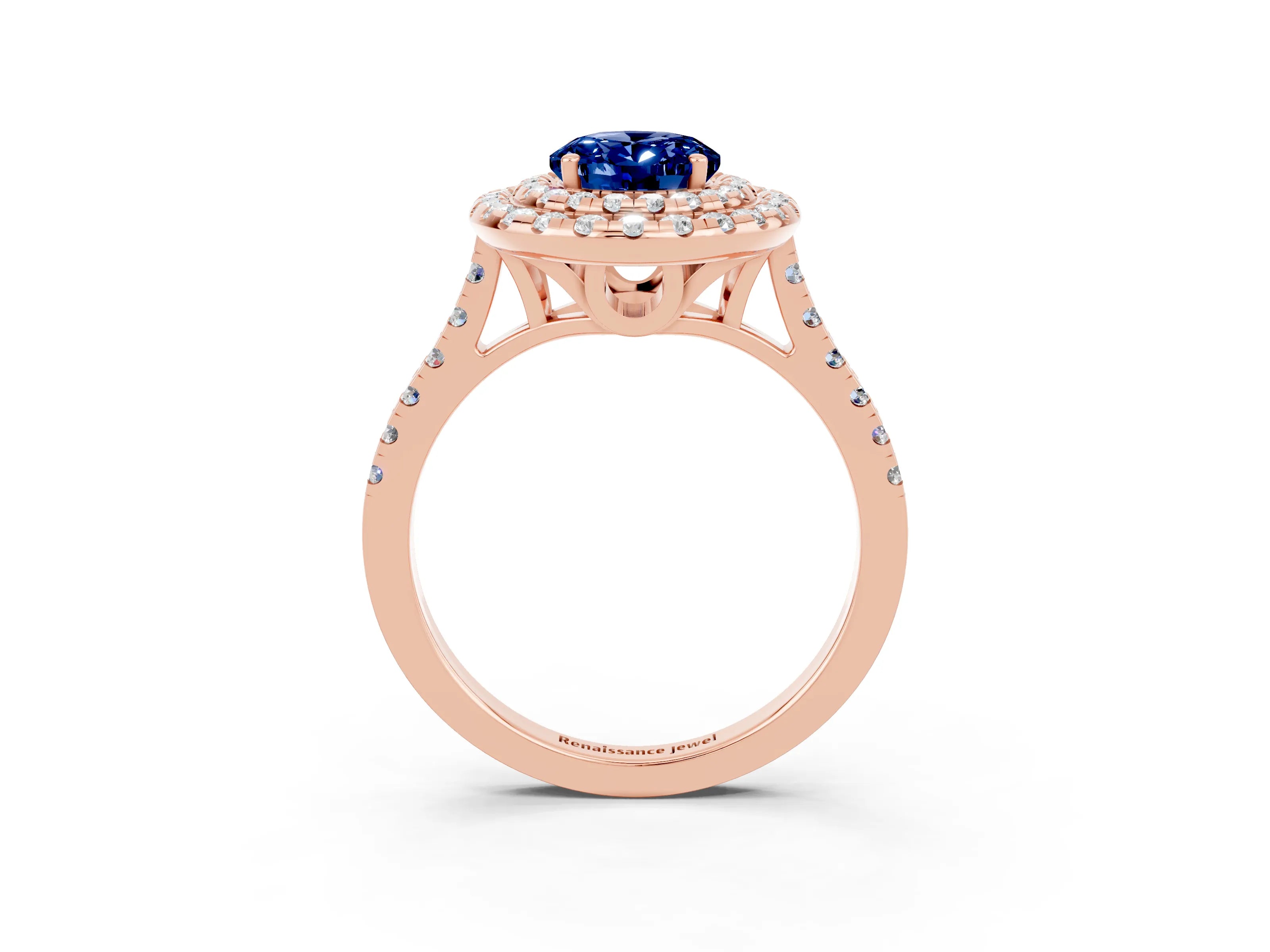 Rose gold Double Halo Oval Cut Blue Sapphire Pavé Band with Four-Prong Setting_3