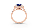 Rose gold Double Halo Oval Cut Blue Sapphire Pavé Band with Four-Prong Setting_3
