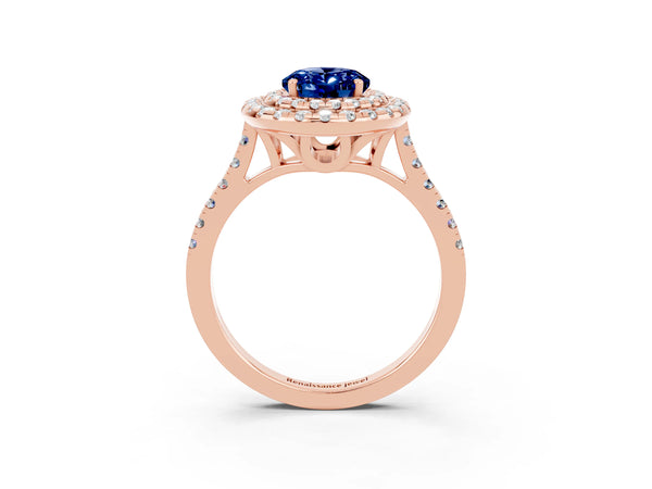 Rose gold Double Halo Oval Cut Blue Sapphire Pavé Band with Four-Prong Setting