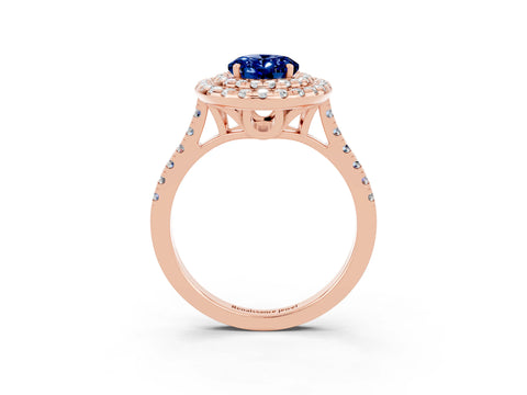 Rose gold Double Halo Oval Cut Blue Sapphire Pavé Band with Four-Prong Setting_3