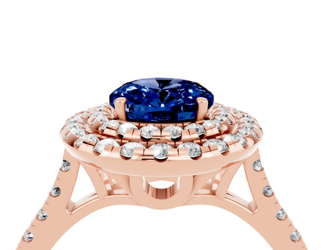 Rose gold Double Halo Oval Cut Blue Sapphire Pavé Band with Four-Prong Setting_4