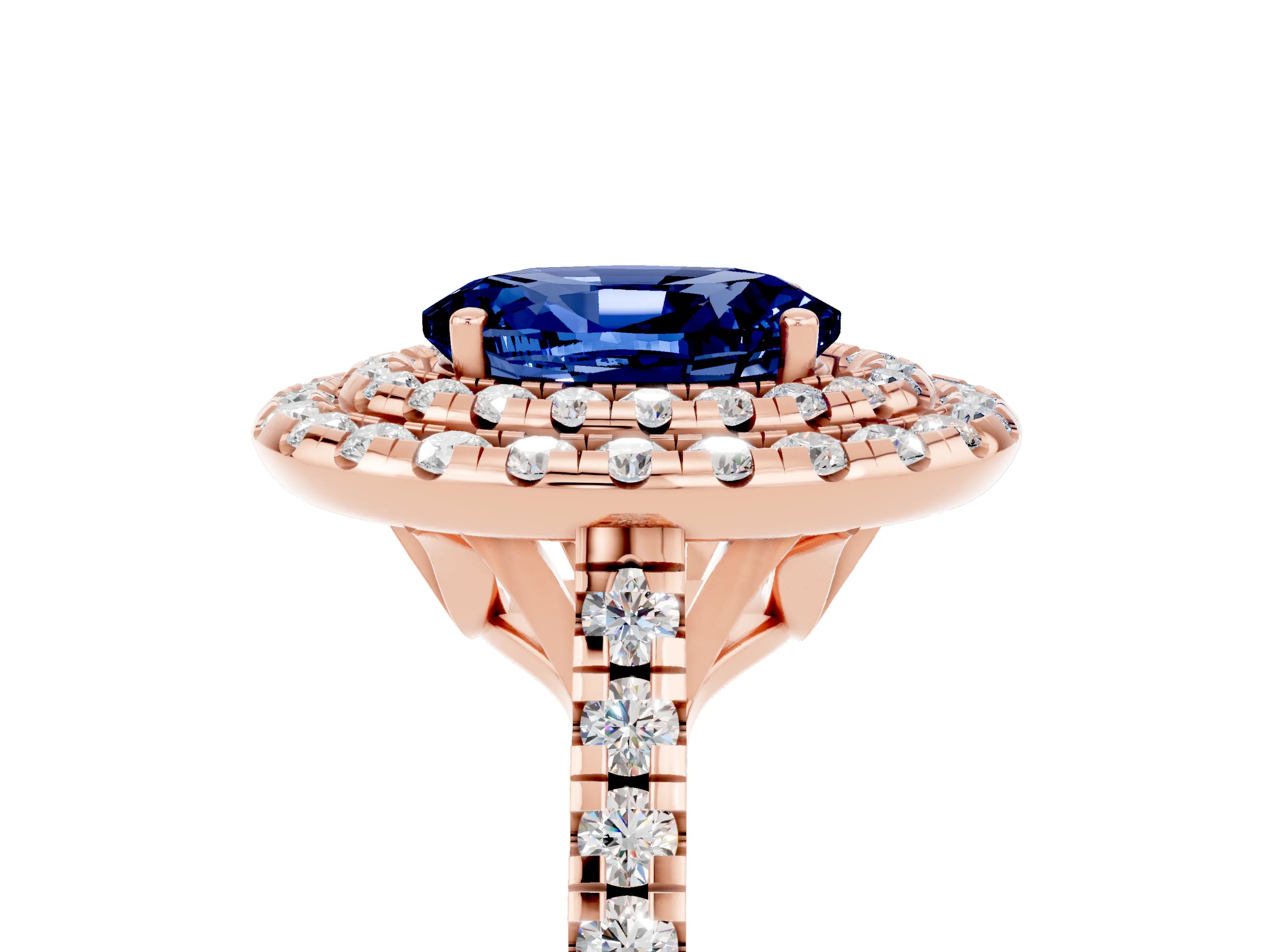 Rose gold Double Halo Oval Cut Blue Sapphire Pavé Band with Four-Prong Setting_5