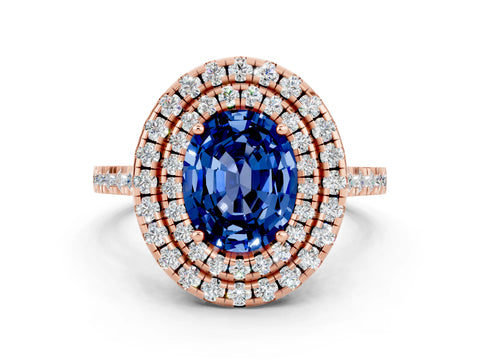 Rose gold Double Halo Oval Cut Blue Sapphire Pavé Band with Four-Prong Setting