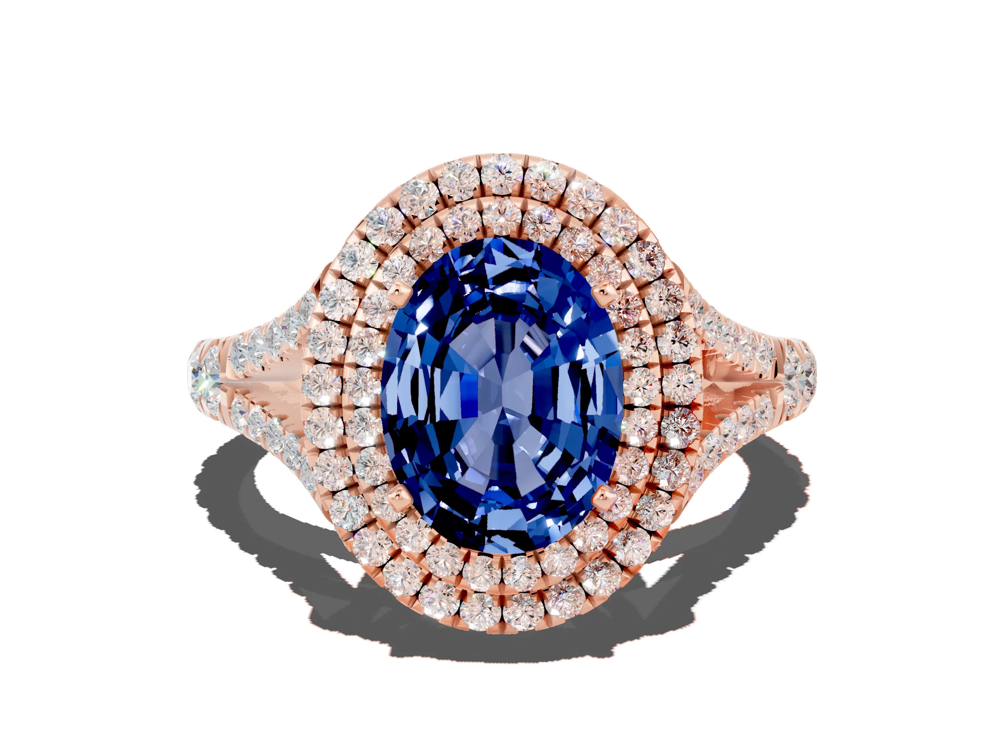 Rose gold Double Halo Oval Cut Blue Sapphire Pavé Split Shank Ring with Prong Setting