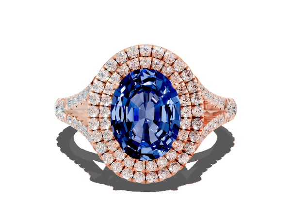 Rose gold Double Halo Oval Cut Blue Sapphire Pavé Split Shank Ring with Prong Setting