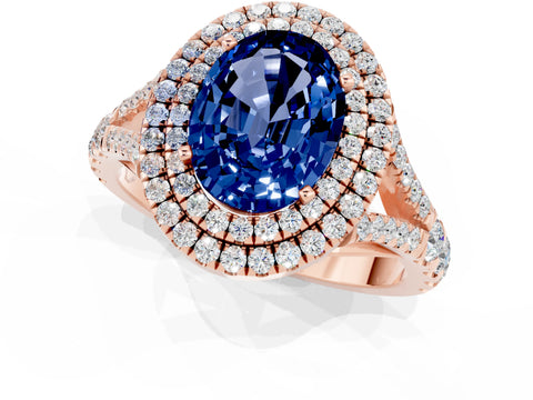 Rose gold Double Halo Oval Cut Blue Sapphire Pavé Split Shank Ring with Prong Setting_1