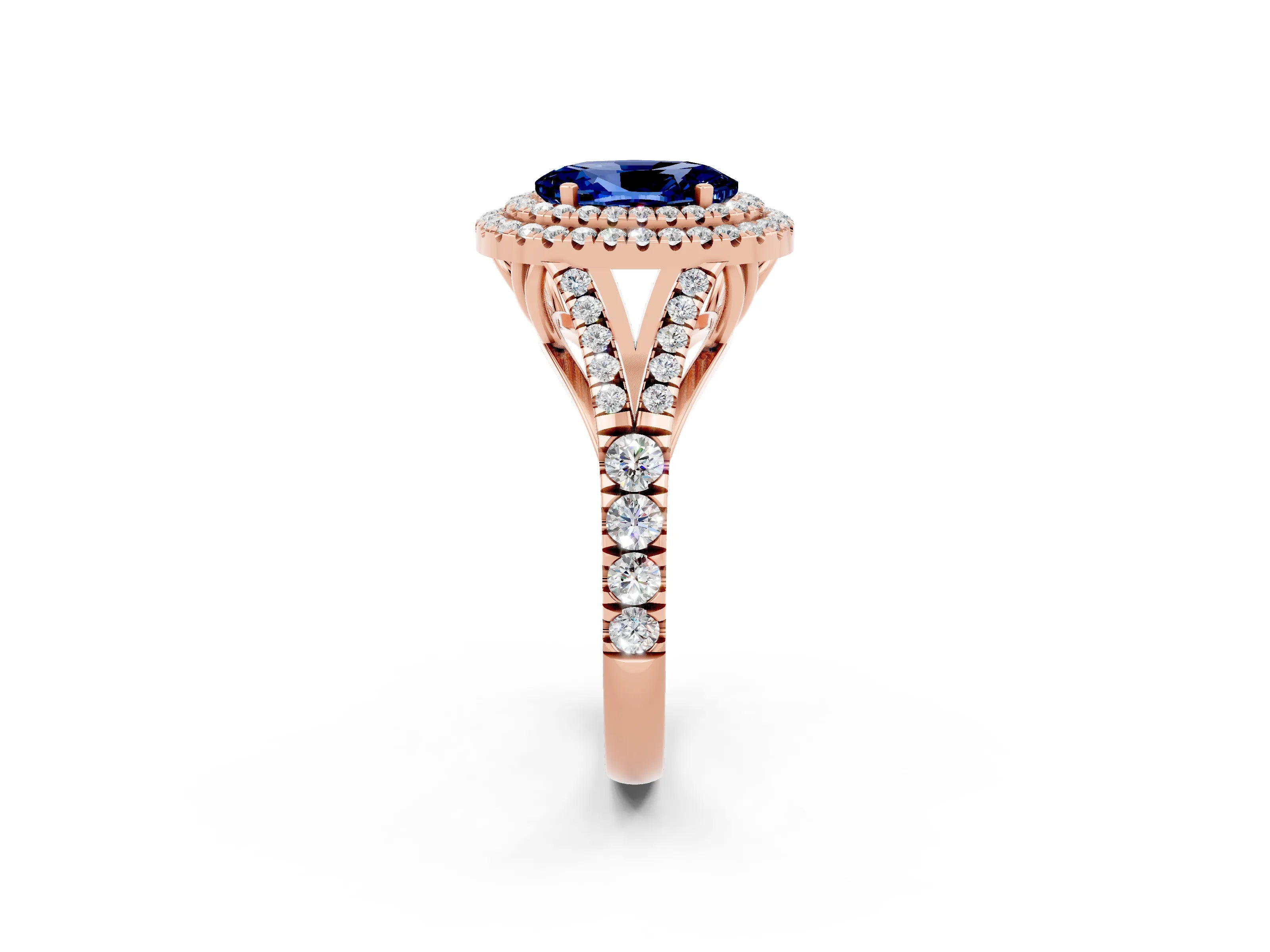 Rose gold Double Halo Oval Cut Blue Sapphire Pavé Split Shank Ring with Prong Setting_2