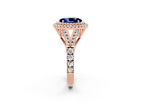 Rose gold Double Halo Oval Cut Blue Sapphire Pavé Split Shank Ring with Prong Setting_2