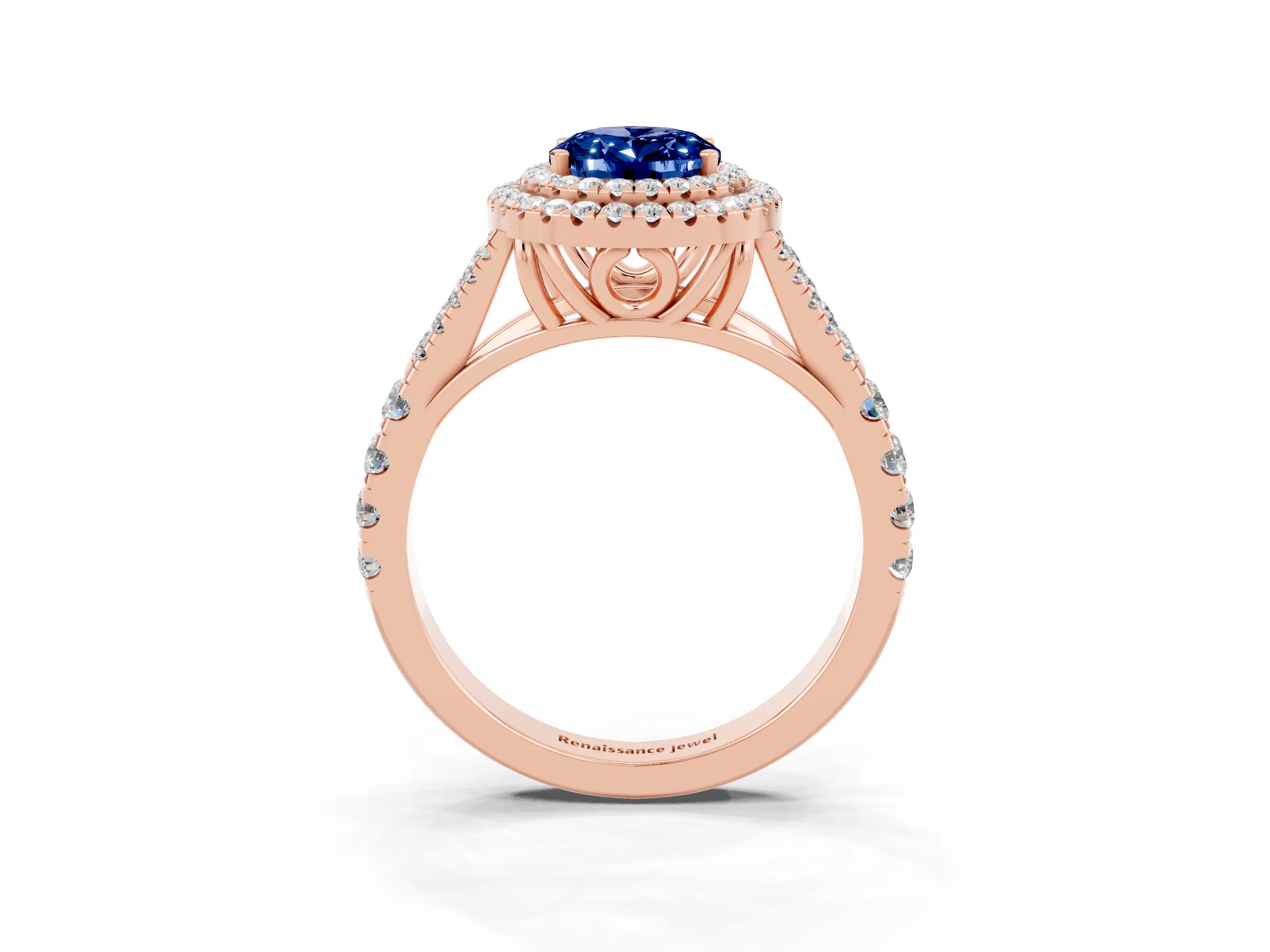 Rose gold Double Halo Oval Cut Blue Sapphire Pavé Split Shank Ring with Prong Setting_3