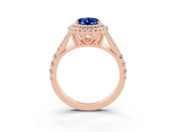 Rose gold Double Halo Oval Cut Blue Sapphire Pavé Split Shank Ring with Prong Setting