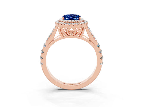 Rose gold Double Halo Oval Cut Blue Sapphire Pavé Split Shank Ring with Prong Setting_3