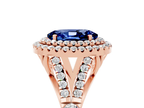 Rose gold Double Halo Oval Cut Blue Sapphire Pavé Split Shank Ring with Prong Setting_5