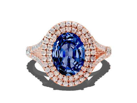 Rose gold Double Halo Oval Cut Blue Sapphire Pavé Split Shank Ring with Prong Setting