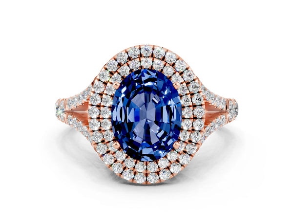 Rose gold Double Halo Oval Cut Blue Sapphire Split Shank Engagement Ring with Four-Prong Setting